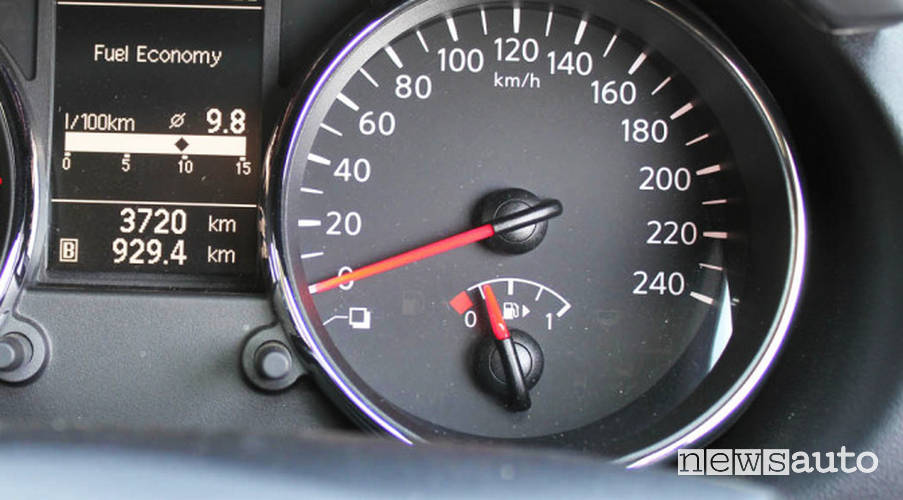 Icona serbatoio benzina mostrata sul tachimetro della propria vettura. 
La freccia posta accanto al simbolo della pompa indica il lato dove è il bocchettone: in questo caso i tappo del serbatorio si trova sulla destra. 