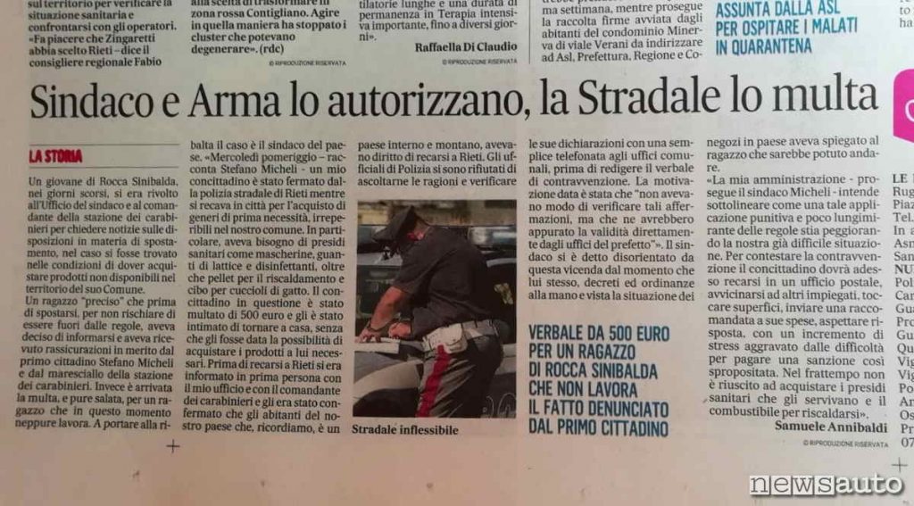 Giovane del reatino multato perché pizzicato fuori Comune (articolo giornale locale)