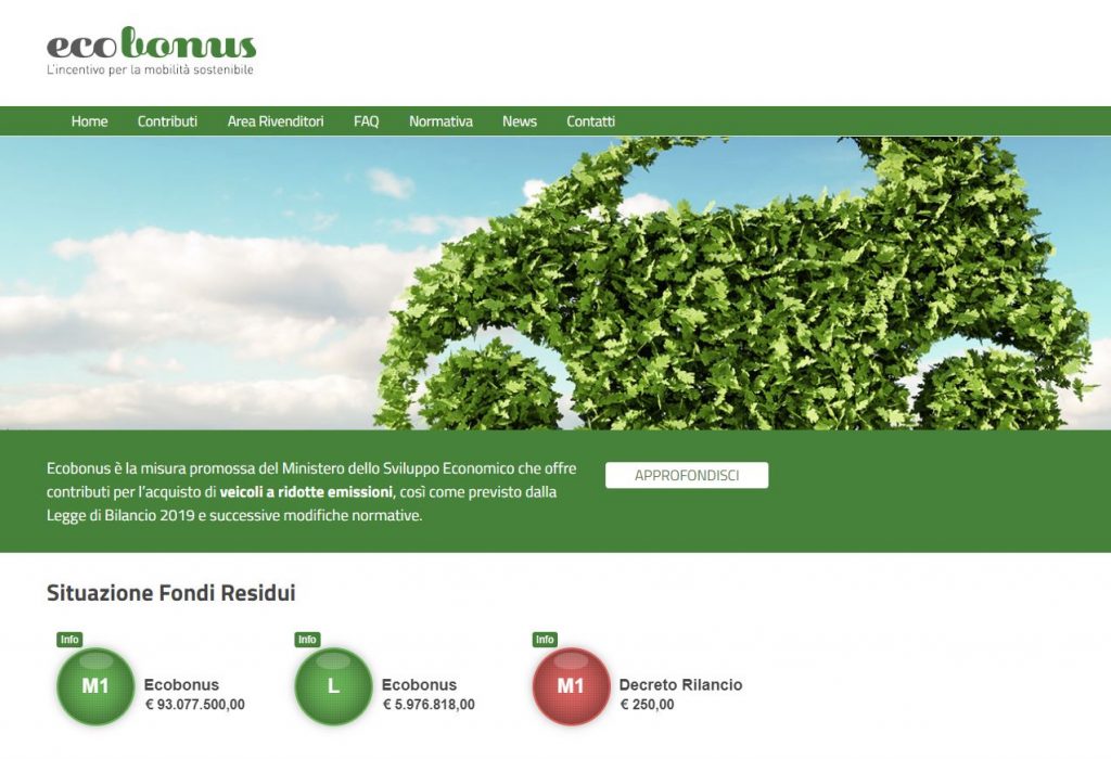 "Ecobonus" sito del Mise dove vengono gestiti gli incentivi per auto, scooter e bici
