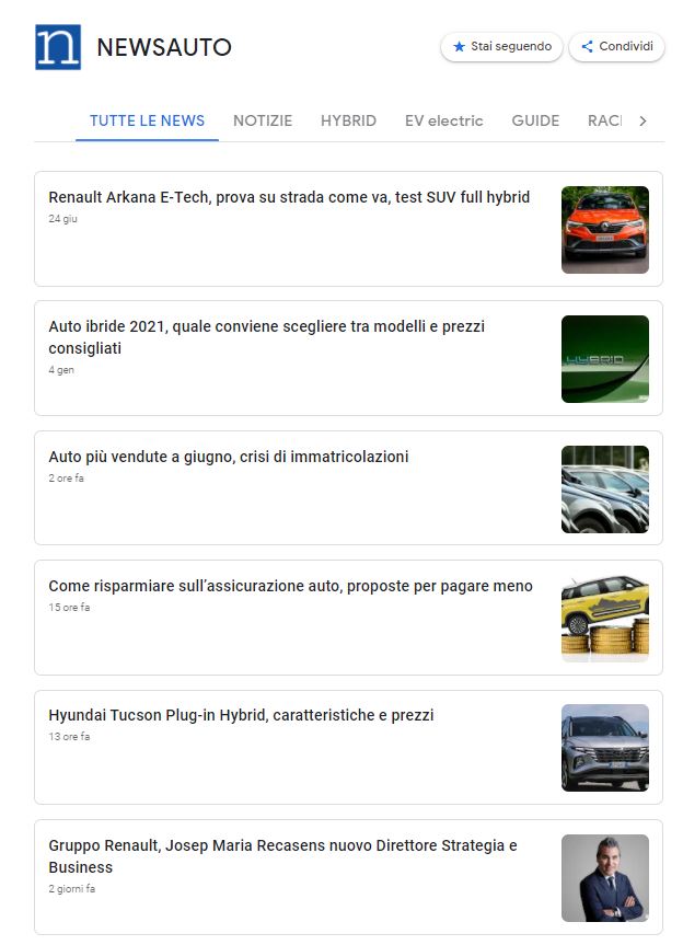 Canale news auto e motori di Newsauto su Google News