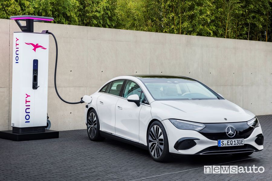 Nuova Mercedes EQE 350 elettrica in ricarica rapida Ionity