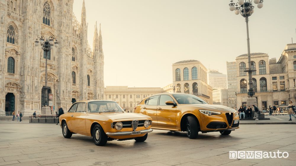 Alfa Romeo Giulia 1300 Junior and the Stelvio GT Junior special series in Milan Piazza del Duomo