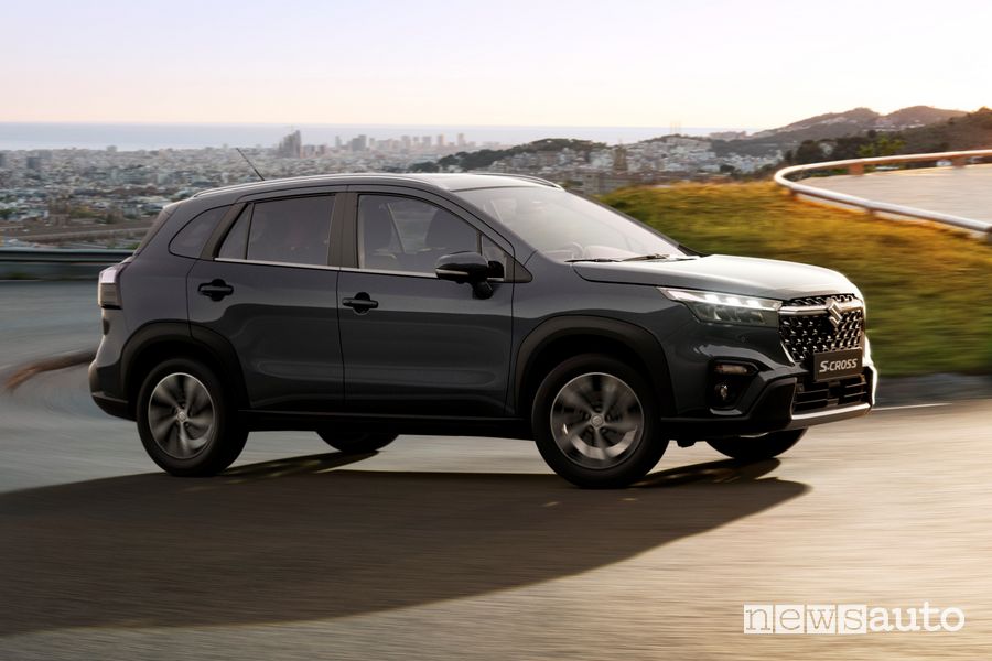 Profile view of the new Suzuki S-Cross Hybrid on the road