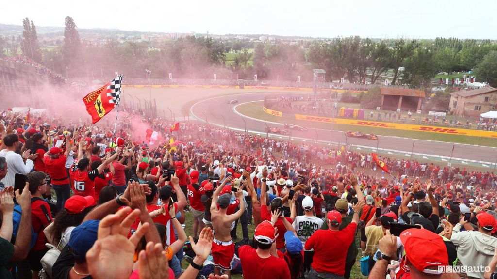 Ferrari fans in the stands of the Imola Emilia-Romagna Grand Prix