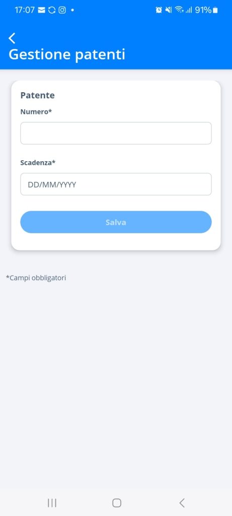 iPatente screen for entering the driving licence number and its expiry date