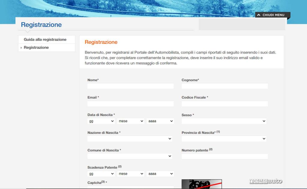 Il Portale dell'Automobilista, registrazione