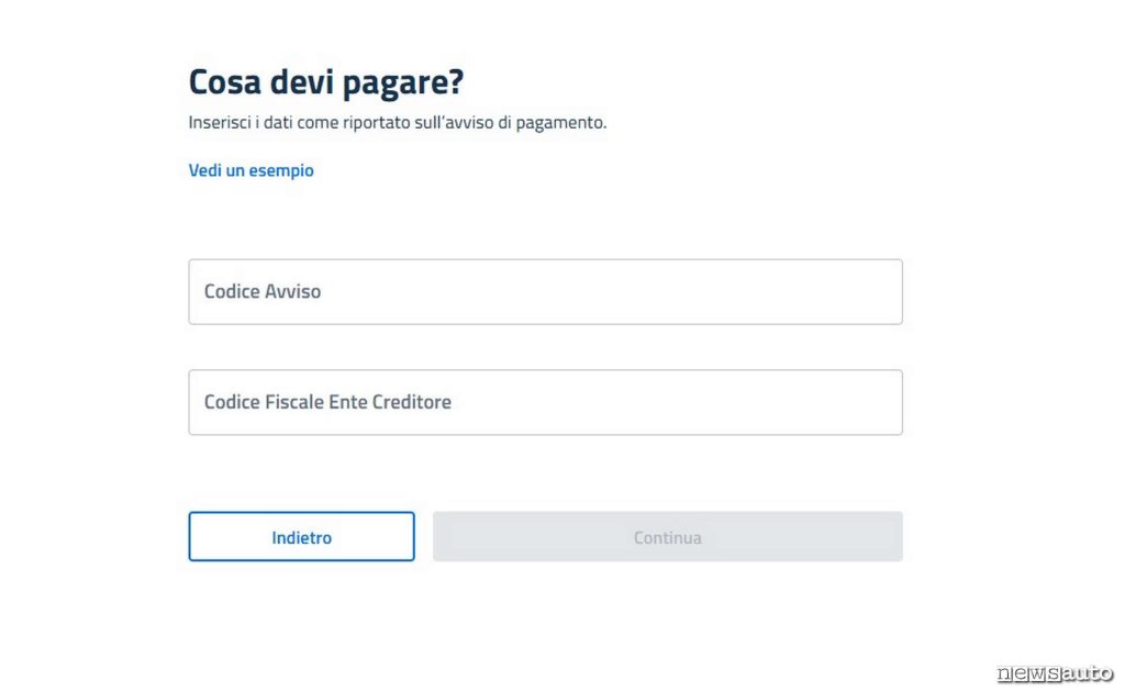 pagoPA inserimento dati avviso e creditore