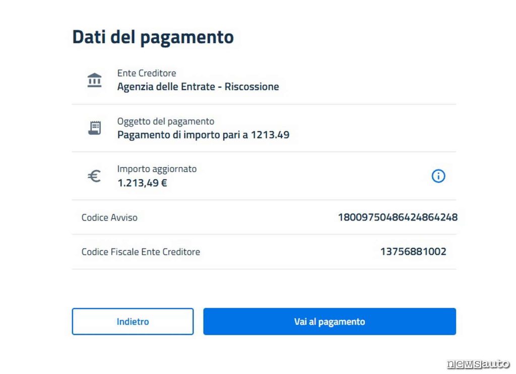 pagoPA schermata di riepilogo dati CBILL con ENTE CREDITORE, l'oggetto del pagamento, l'importo aggiornato con eventuali interessi, il codice dell'avviso ed il codice fiscale dell'ente creditore.