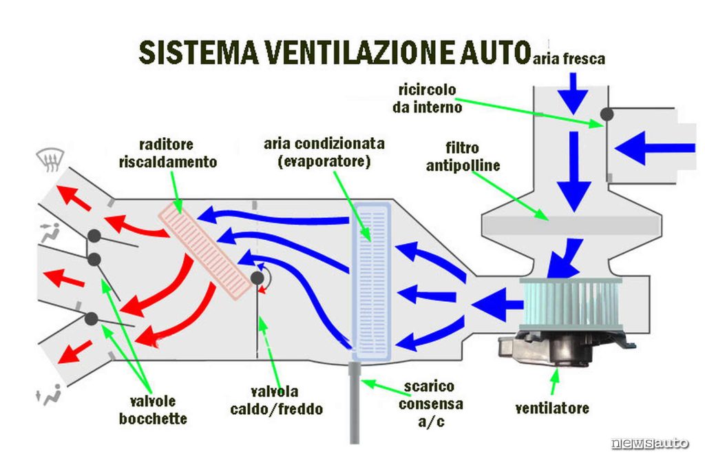 Lo schema della ventilazione con i flussi aria all'interno di un abitacolo auto