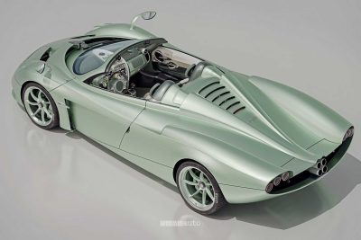 Pagani Huayra Codalunga Speedster posteriore 3/4 con il tetto aperto