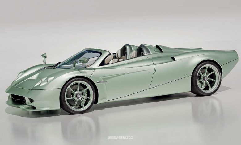 Pagani Huayra Codalunga Speedster anteriore 3/4 con il tetto aperto