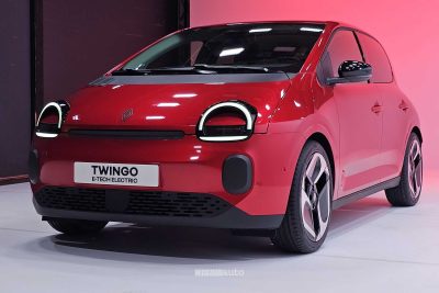 Renault Twingo E-Tech Electric rossa anteriore 3/4